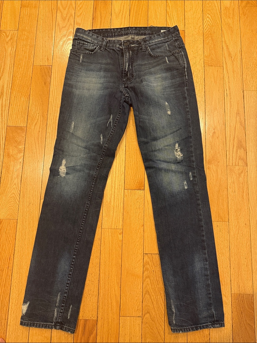 Calvin Klein Men's Straight-Leg Dark Blue Distressed Jeans